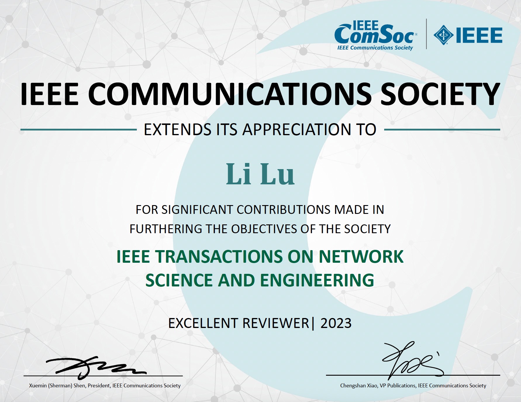 Excellent Reviewer of IEEE TNSE