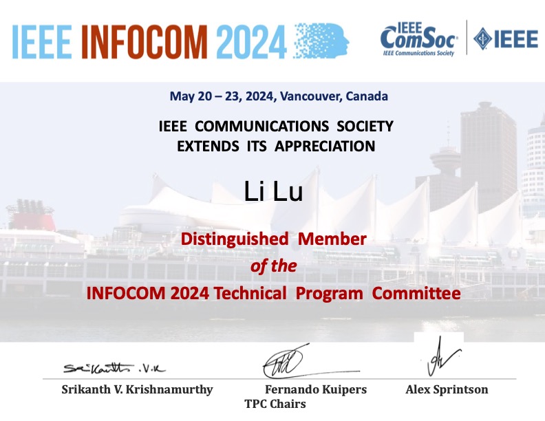 Distinguished Member of IEEE INFOCOM TPC