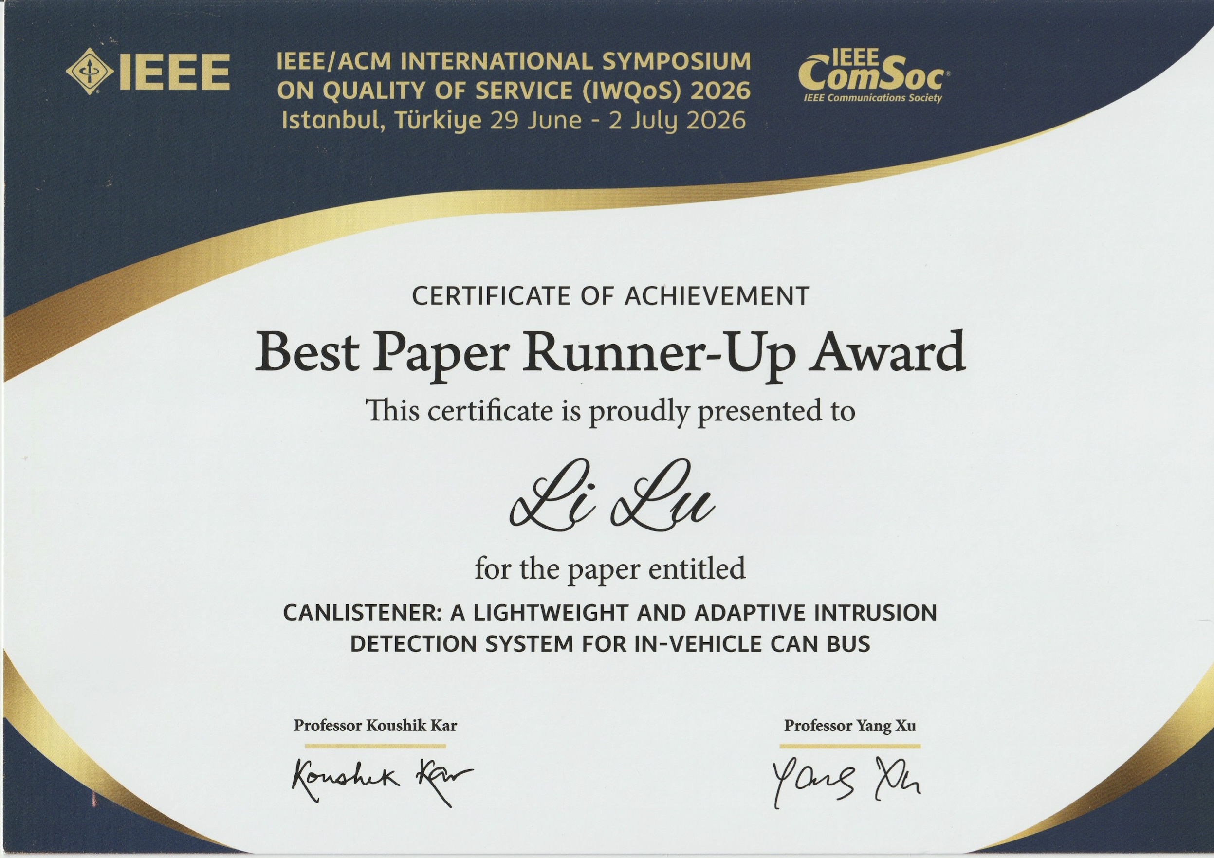 Best Paper Runner-up Award of IEEE-ACM IWQoS