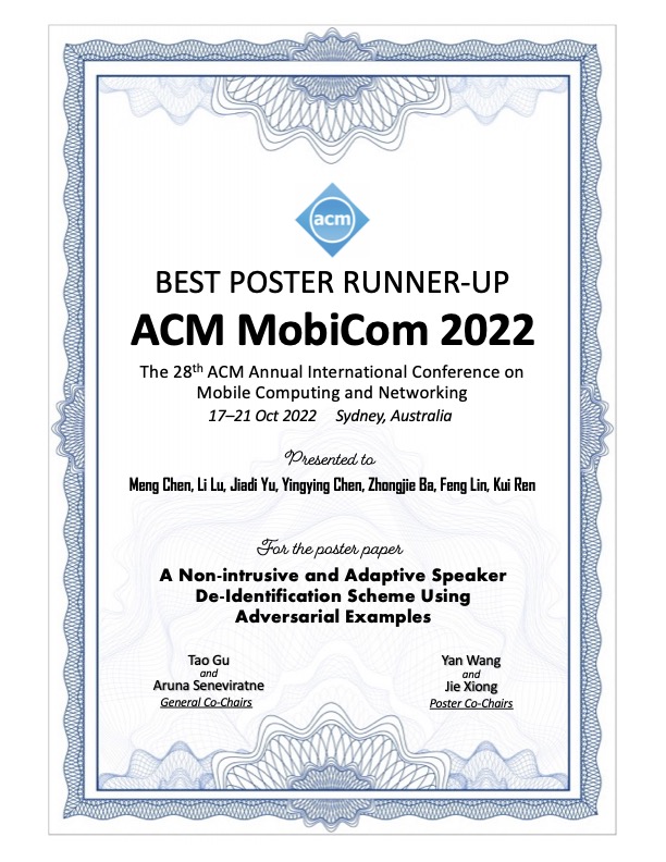 Best Poster Runner-up Award of ACM MobiCom