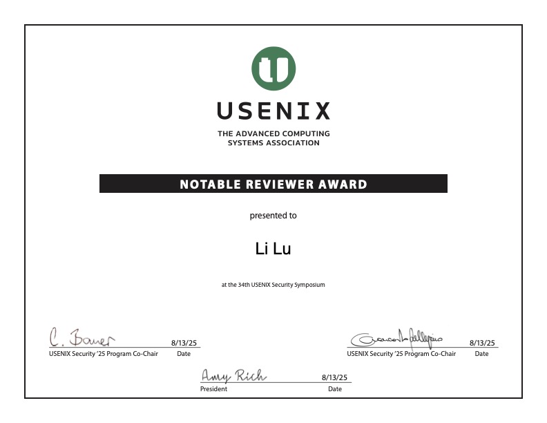 Notable Reviewer of USENIX Security